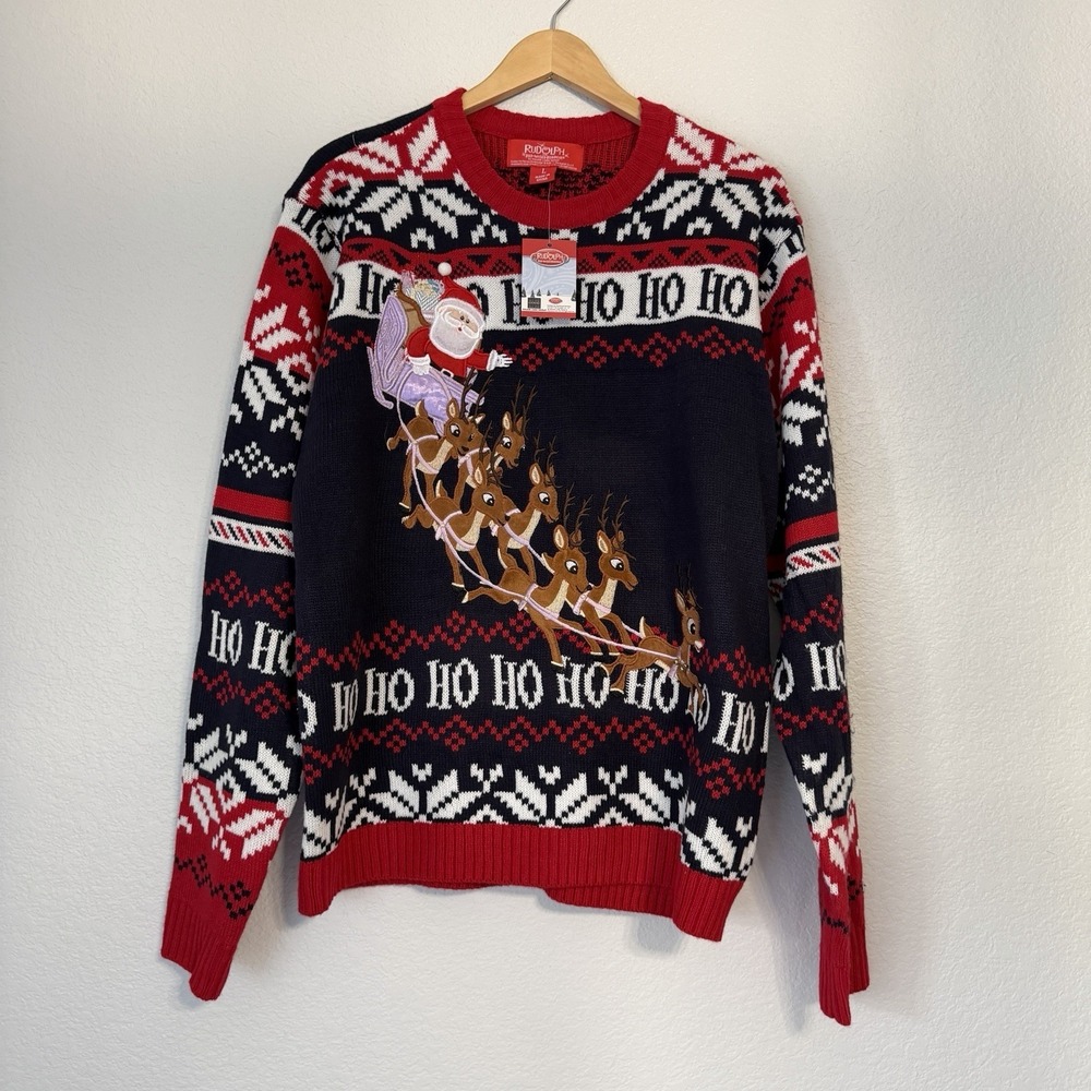 NEW Rudolph Red Nosed Reindeer Christmas Sweater Santa Sleigh Ugly Holiday Knit